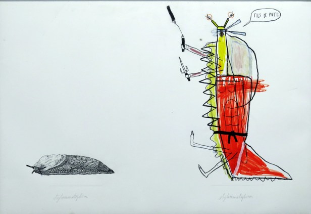 Adrien Vermont / Moyennes Planches d'Histoires Naturellement Bipolaires / Limace / Crayons sur impression sur papier, 82 x 120 cm / 2013