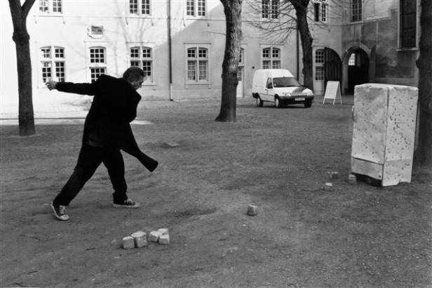 Jimmy Durham, Stoning the Refrigerator, 1996. Performance